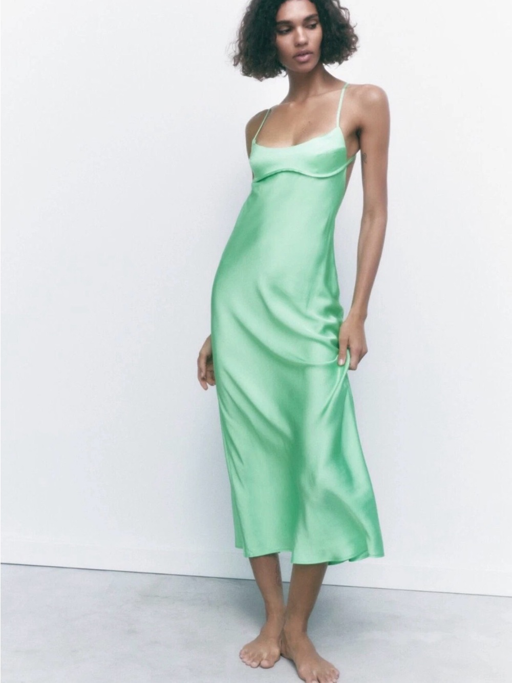 Zara Mint Green Satin Slip Midi Dress